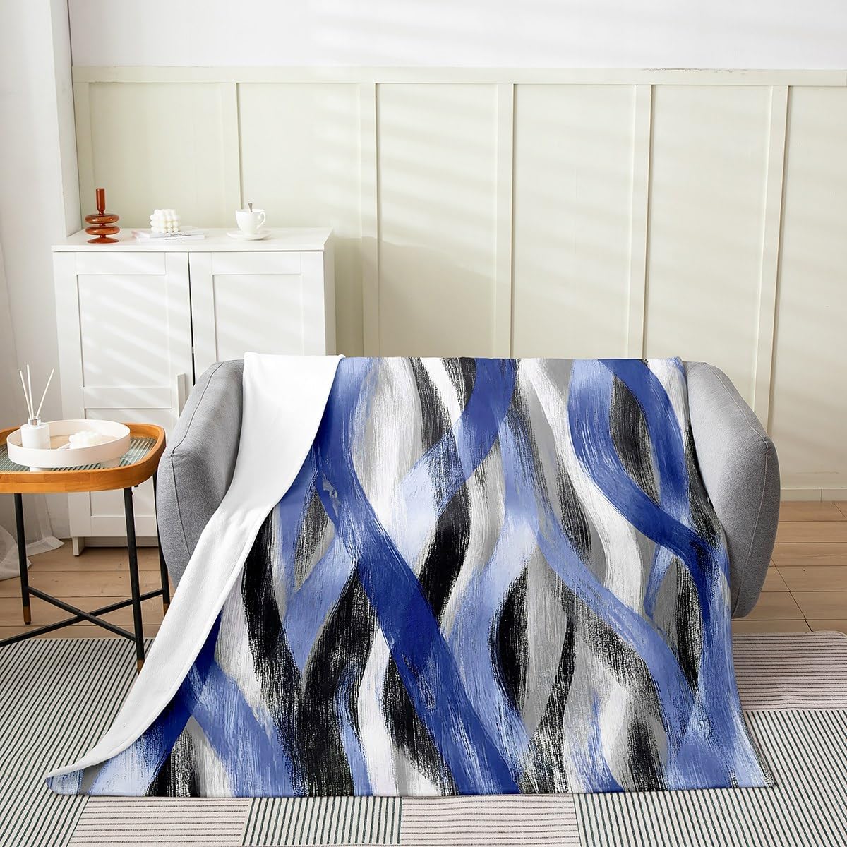Erosebridal Geometric Stripes Blanket Throw 50x60 Modern Abstract Throw Blanket Black Grey Navy Blue Fleece Blankets for Kids Boys Girls Teen Swirl Lines Fuzzy Blankets Room Decor