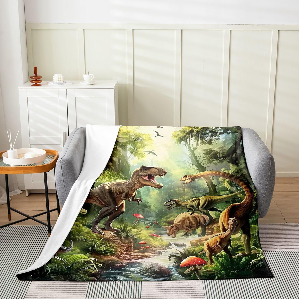 Feelyou Dinosaur Jungle Fleece Throw Blanket Tropical Foliage Pattern Flannel Blanket Plush Fuzzy Dinosaur Adventure Theme for Bed Couch Chair Living Room Fantasy 40"x50" Bedroom Decor