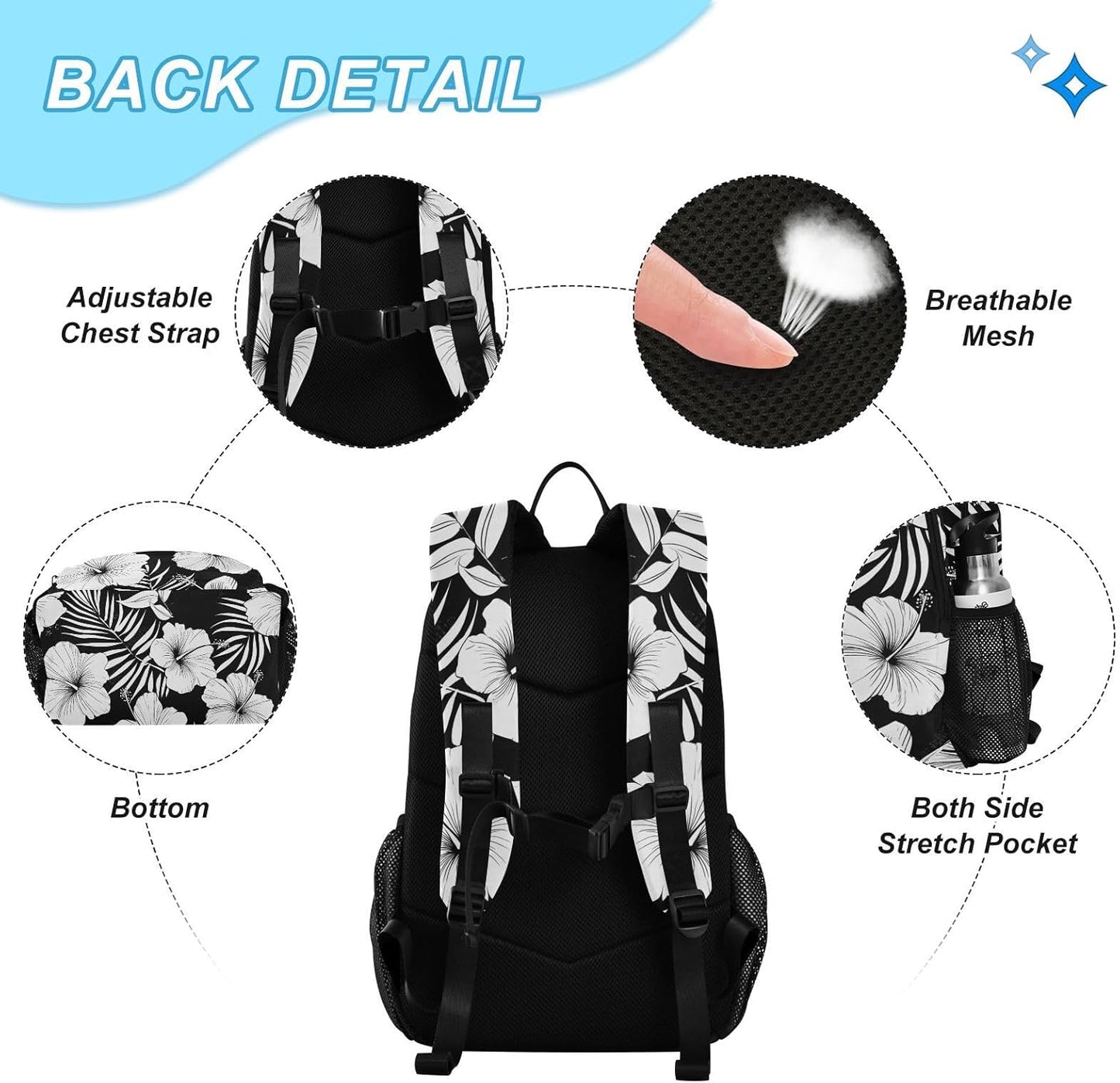 Backpack with Lunch Bag Bookbag Set,Hibiscus Flower Black White Pattern Backpack for Middle High School College Student,21L Schoolbag Kid's Backpack Bookbag Casual Daypack