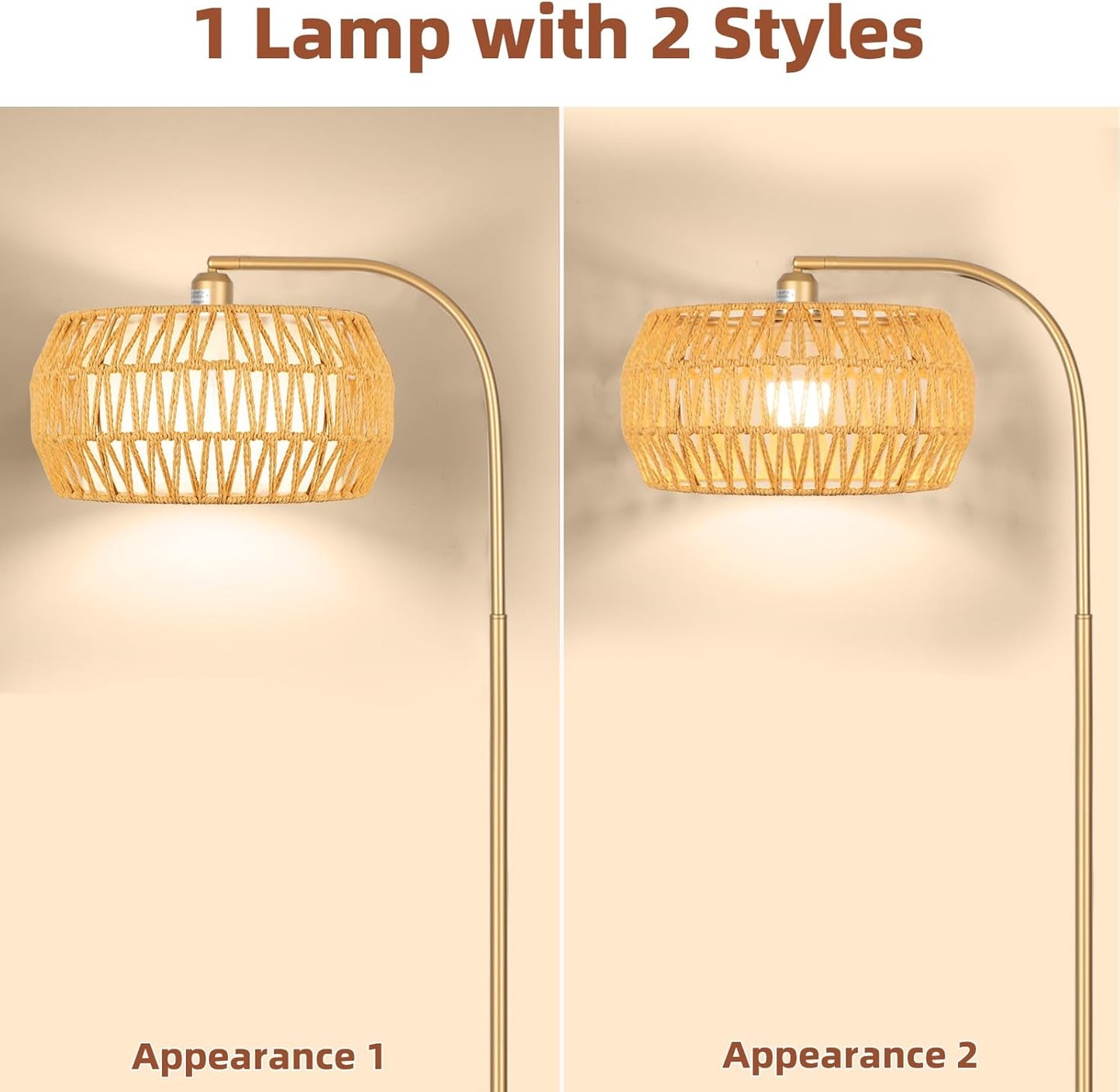Boho Gold Floor Lamp- Rattan Lamp with Stepless Dimmable Bulb, Mid Century Modern Floor Lamp with 2 in 1 Lampshades, Bohemian Gold Tall Lamp for Living Room, Office, Classroom