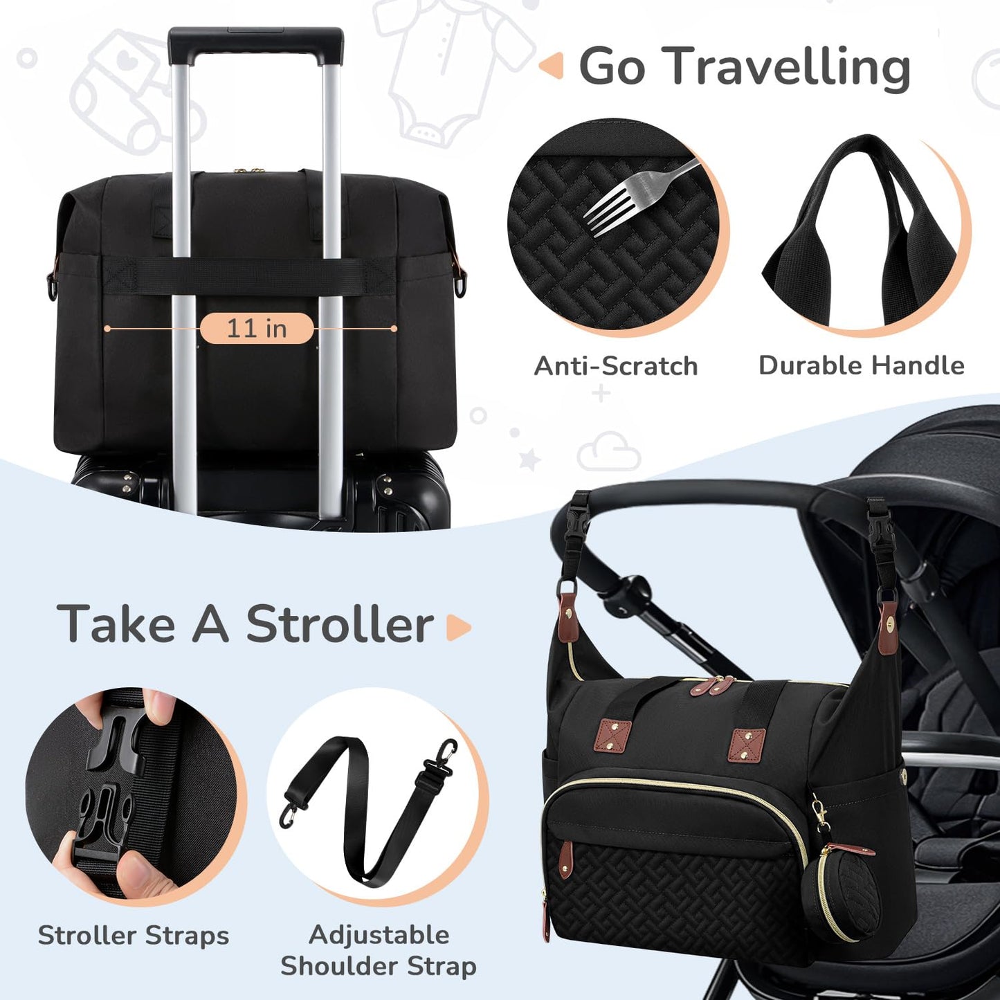 Diaper Bag Tote with Pacifier Case, Baby Bag for Women with Shoulder Straps, Travel Diaper Tote for for Mom and Dad Medium Size, Black