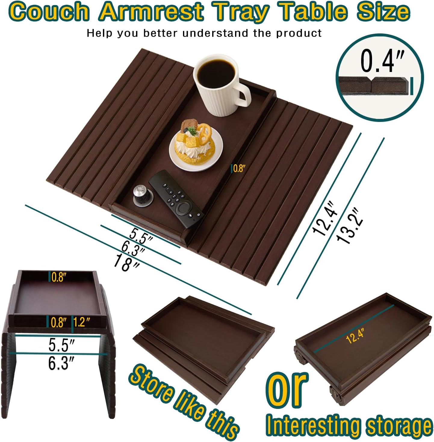 Bamboo Couch Arm Tray Table，Foldable Sofa Armrest Tray Table for Couch，Flexible and Anti-Slip Couch Arm Cup Holder，Portable Sofa Arm Chair Table for Drink,Cups, Eats，Snacks, Phone, Remote