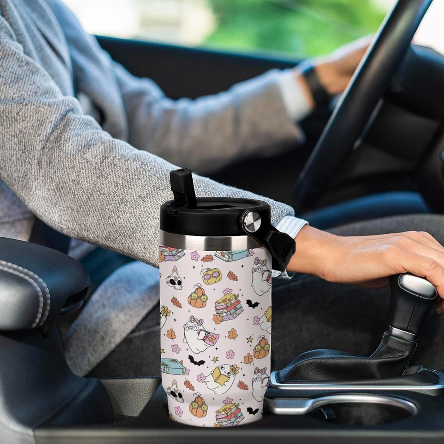 Halloween Tumbler with Handle Flip Straw Pink 30oz Insulated Stainless Steel Cup Ghost Reading Book Travel Coffee Mug Water Bottle for Women