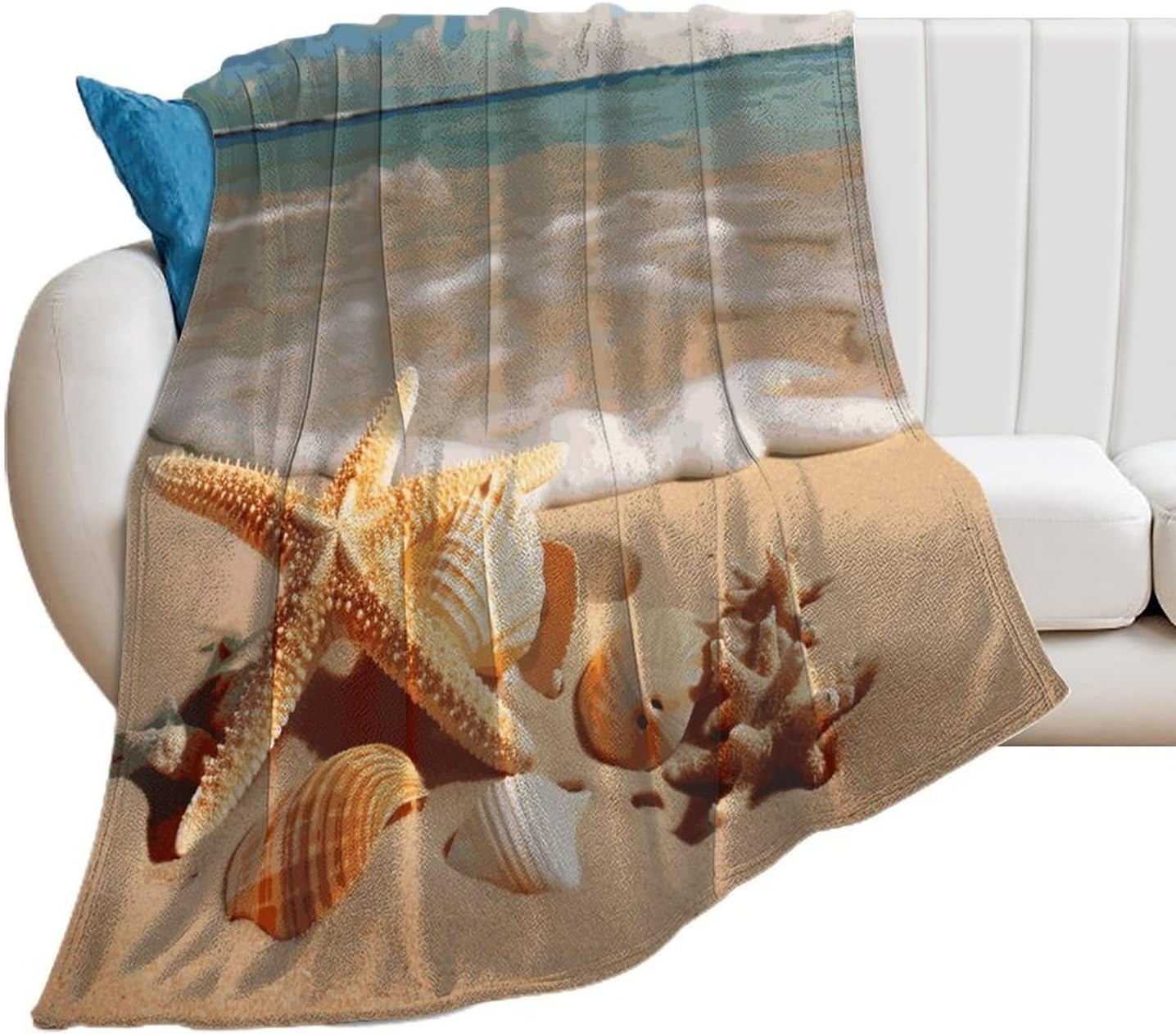 Seashells Starfish on Beach Blanket Super Soft Lightweight Throw Blanket Cute Cozy Warm Bed Blanket Decorative Fuzzy Blanket All-Season Home Decor Gift for Sofa Couch Living Room 50"*60"（130 * 150cm）