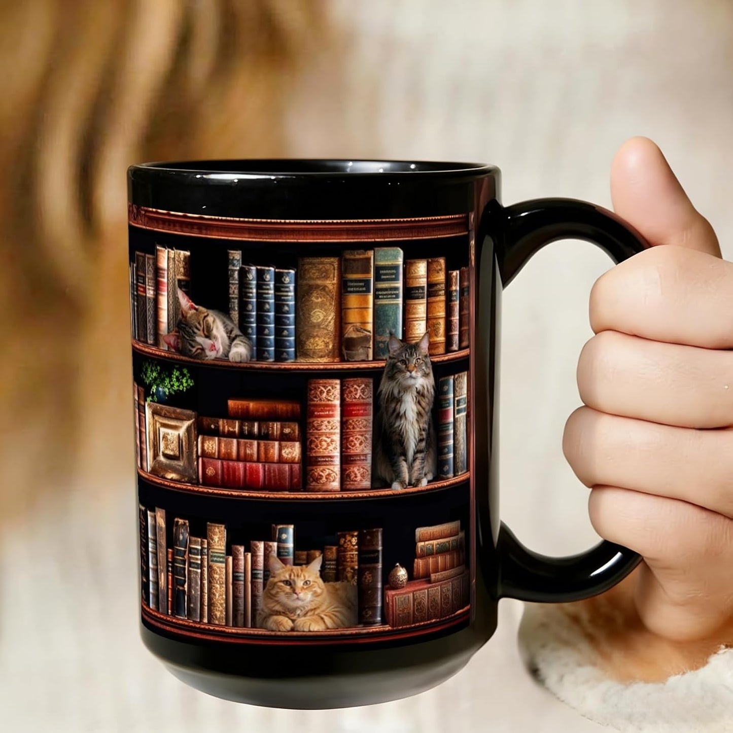 Book Lover Coffee Mug 15oz - Unique Library Gift for Readers, Bookworms & Librarians - Reading Bookish Items Novelty Ceramic Coffee Cup with Cute Cat and Books Design -46