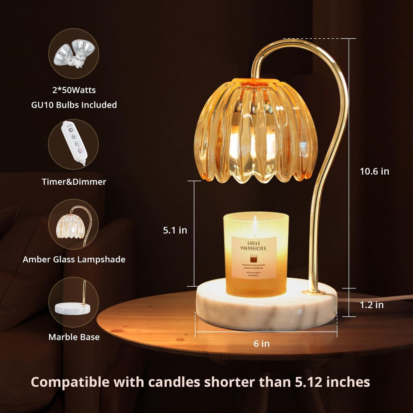 Candle Warmer Lamp with Timer, Electric Candle Warmer with 2 Bulbs for Scented Candles, Dimmable Wax Melt Warmer with Marble Base for Home Room Décor, Gifts for Women Mom