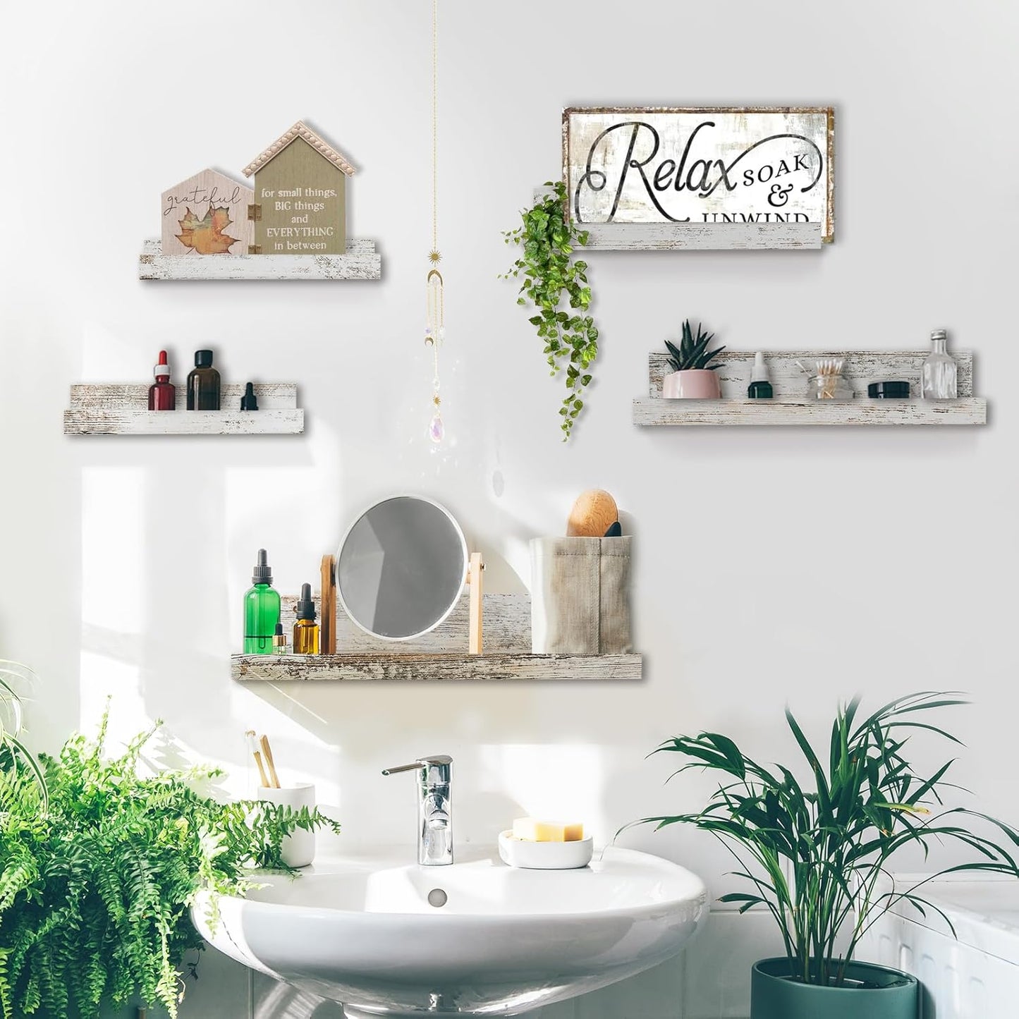 Rustic Shelves Wall-Mounted Distressed White - Farmhouse Wall Shelves 15.8 inch Wood Wall Decor Decorative Small Floating Ledge Shelf for Bedroom Living Room