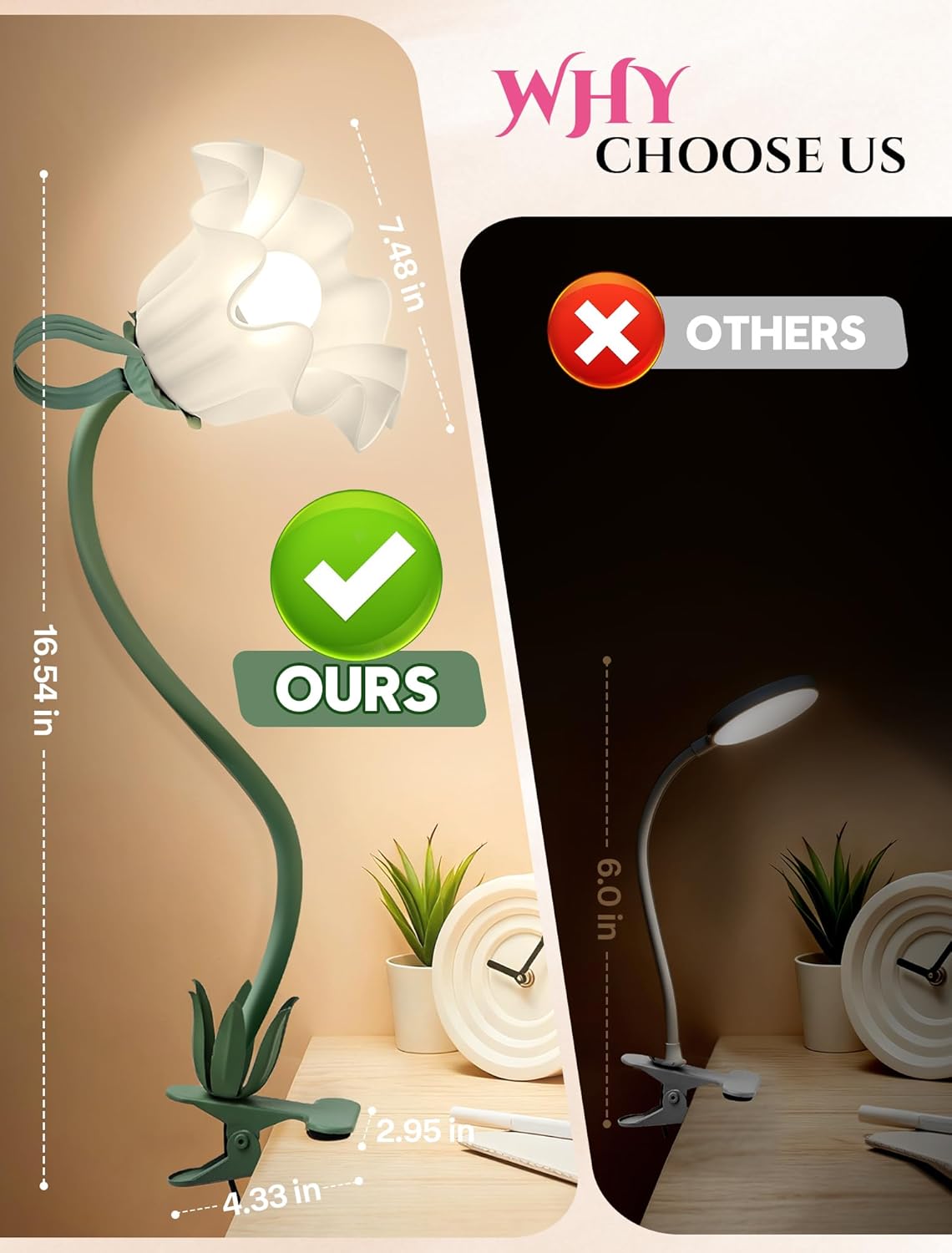 ONXE Clip On Light and Flower Desk Lamp, Flexible Gooseneck Reading Book Light with 3 Color Modes Cute Table Lamp Decor, Clip on Bedside Lamp for Bed Headboard,Table, Nursery,Dorm (Green-02)