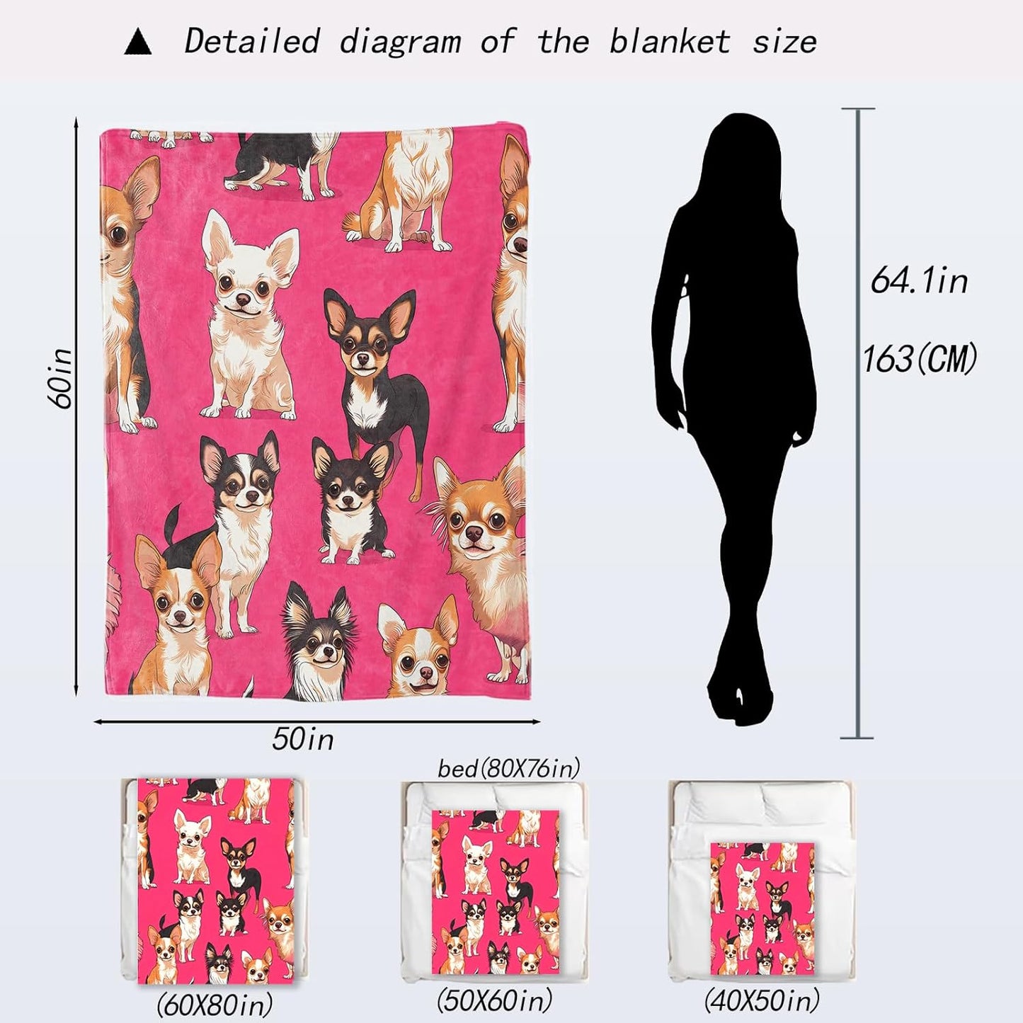 Chihuahua Blanket - Cute Dog Bright Pink Fleece Throw,Gifts for Kids Adult, Soft & Warm,Lightweight, for Modern Fun Decor, Pet Lovers, and Room Home Accents 40x50in
