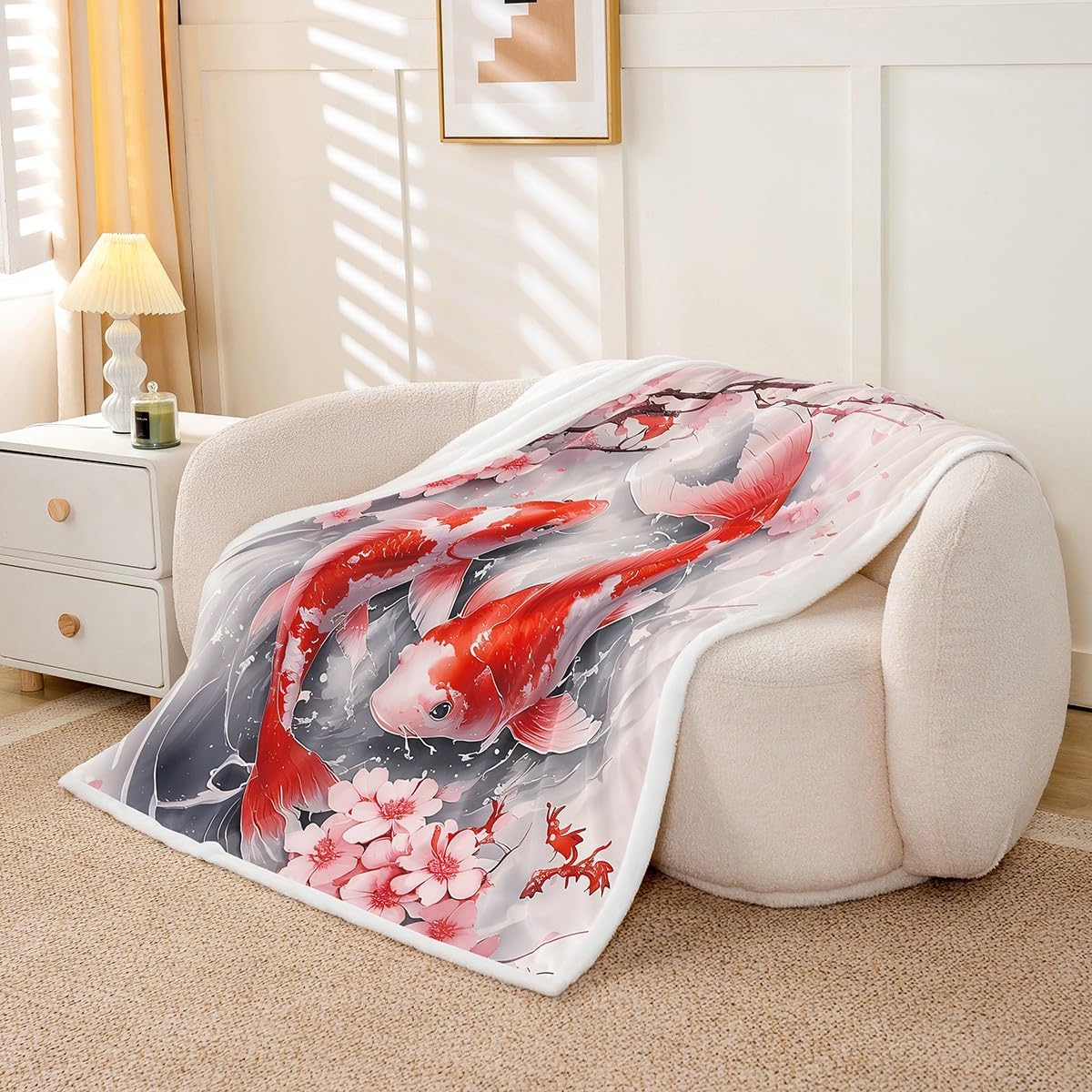 Feelyou Kids Japanese Koi Fish Fleece Throw Blanket Throw 50"x60" Cherry Blossoms Sherpa Blanket Boys Girls Japanese Style Plush Blanket Sakura Flower Floral Botanical Spring Fuzzy Blanket