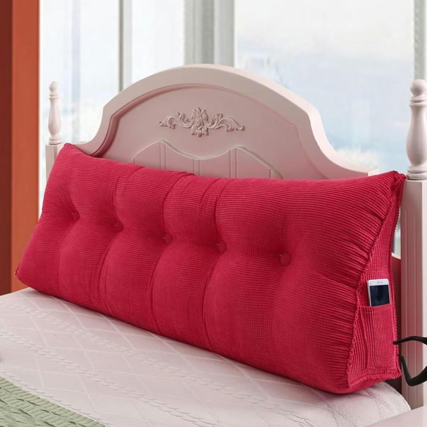 Large Triangular Headboard Wedge Bed Rest Reading Pillow Corn Velvet Backrest Positioning Support Bolster Cushion with Removable Cover, 59x10x20in, Rose Red