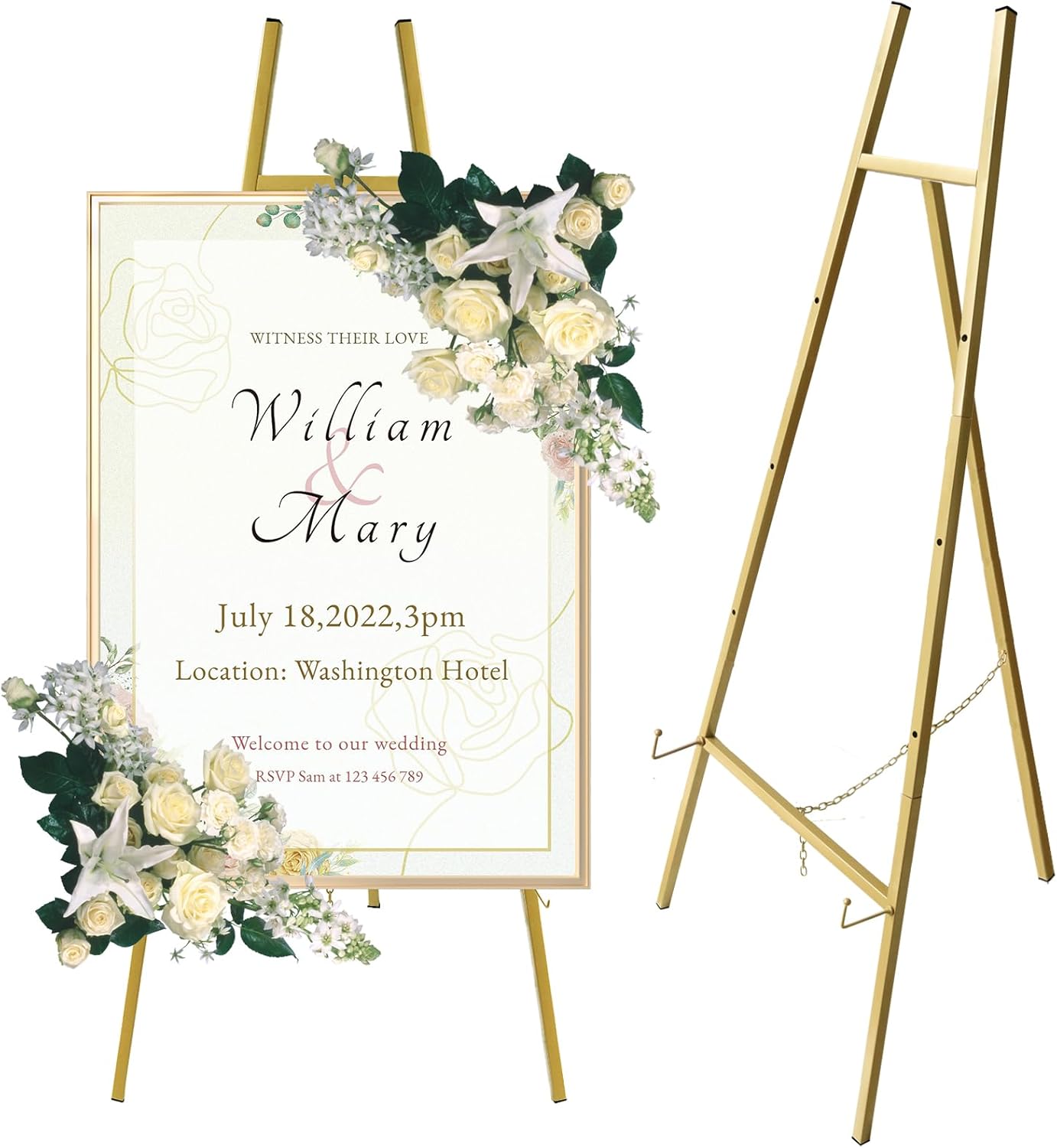 43.5" Gold Easel Stand for Sign,4-Level Height Display Easel with Adjustable chain,Easy-to-Install Metal Easel for Painting,Wedding Sign,Poster,Commercial Display