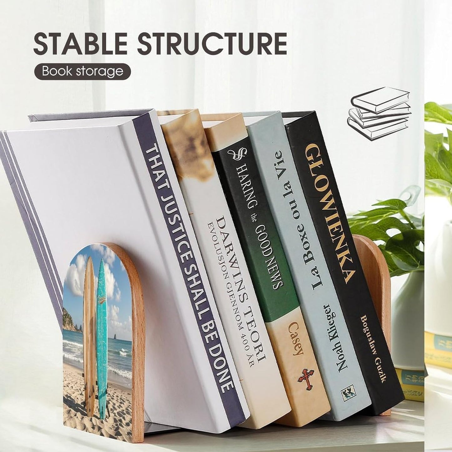 Vintage Turquoise Wood Surfboard Bookends 1 Pair Heavy Duty Book Ends for Shelves Non-Skid Bookend Supports Wooden Book Holders with Metal Base Desk Organizers Books Storage to Hold Books