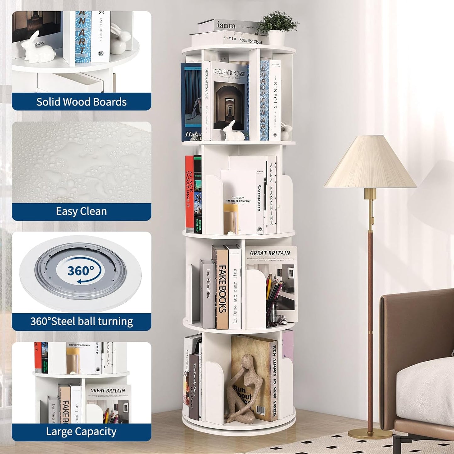 GarveeLife Wooden Rotating Bookshelf 4 Tier, 360° Floor-Standing Bookcase and Multi-Functional Storage Organizer for Living Room, Kids, and Adults White