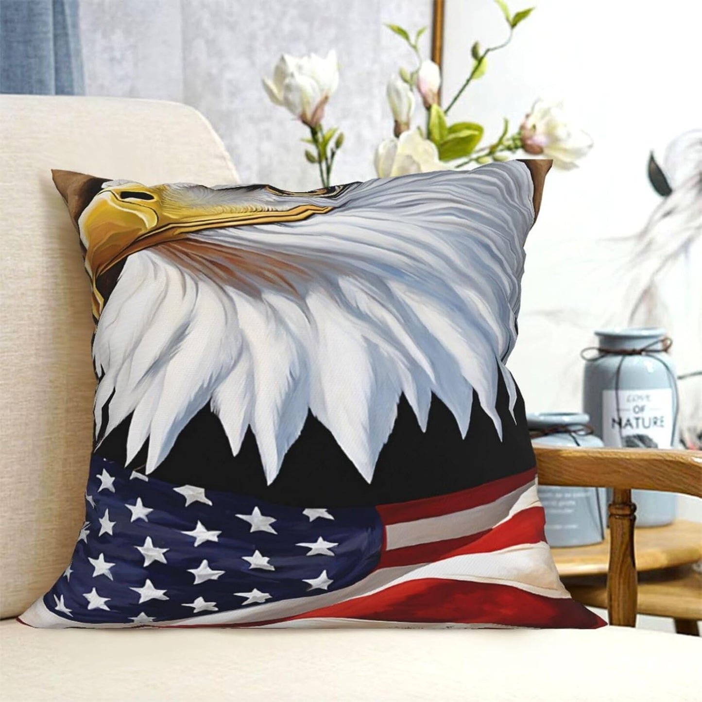All-Season Square Pillow Covers 18"X18", Patriotic Bald Eagle Flag, Decorative Throw Pillow Covers For Sofa Bed Couch, Hidden Zipper Cushion Cover, Square Lumbar & Accent Pillowcases For Home Decor