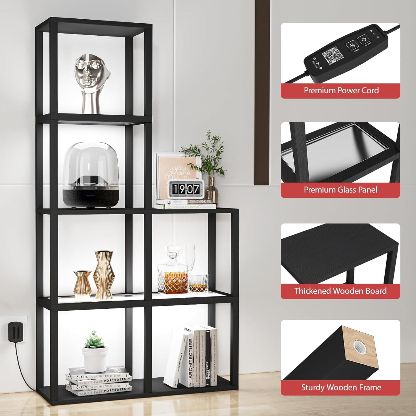 Display Shelf with LED Light Standing Floor Lamp with Glass Storage Shelves for Collectibles, 5 Tier Tall Corner Shelf Open Curio Cabinet for Living Room, Bedroom, Office, Home Decor