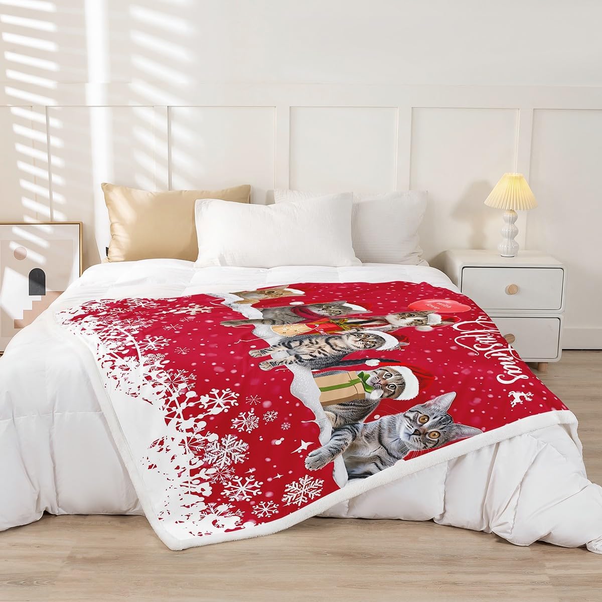 Merry Christmas Cat Fleece Throw Sherpa Blanket Xmas Snowflake Pet Sherpa Cute Kitten Print Plush 3D Animal Red White Warm Fuzzy 60"x80" Twin Bedroom Decor