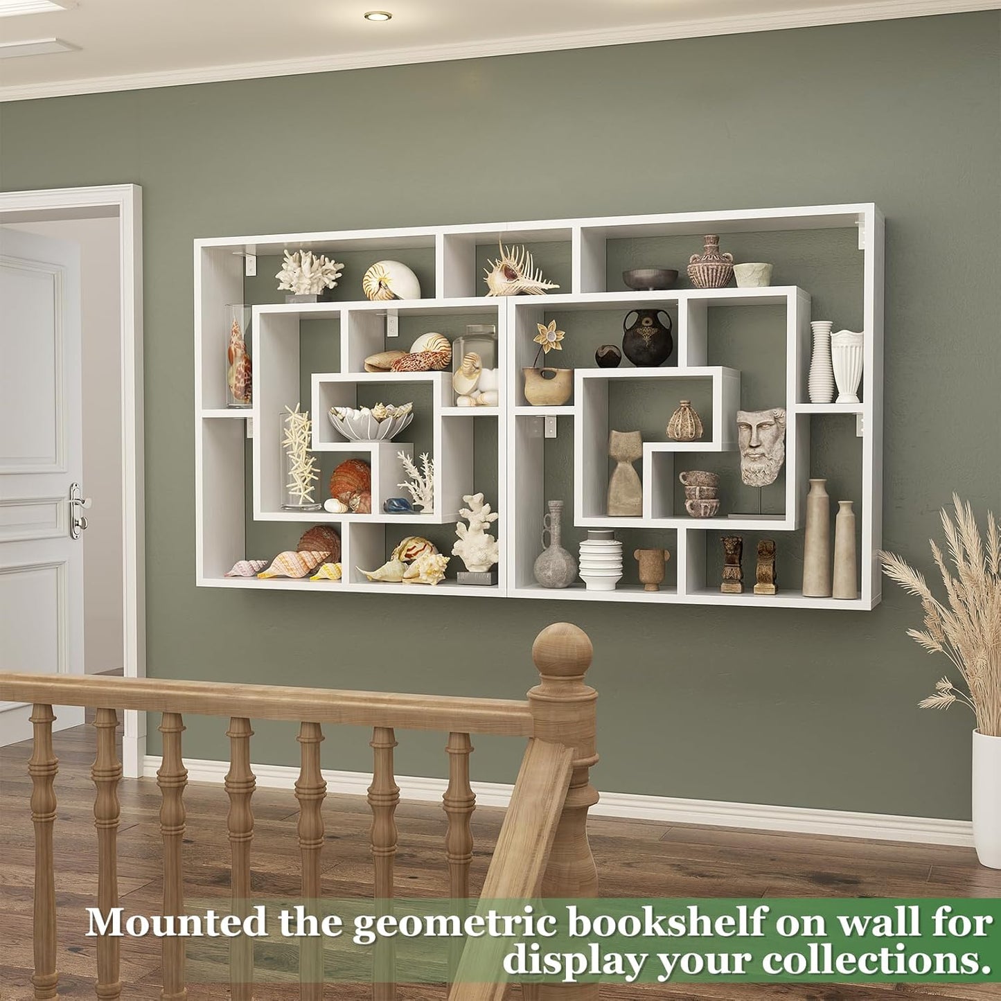6-Tier Geometric Bookcase — Wall Mounted & Freestanding, 45.5×47 in, White