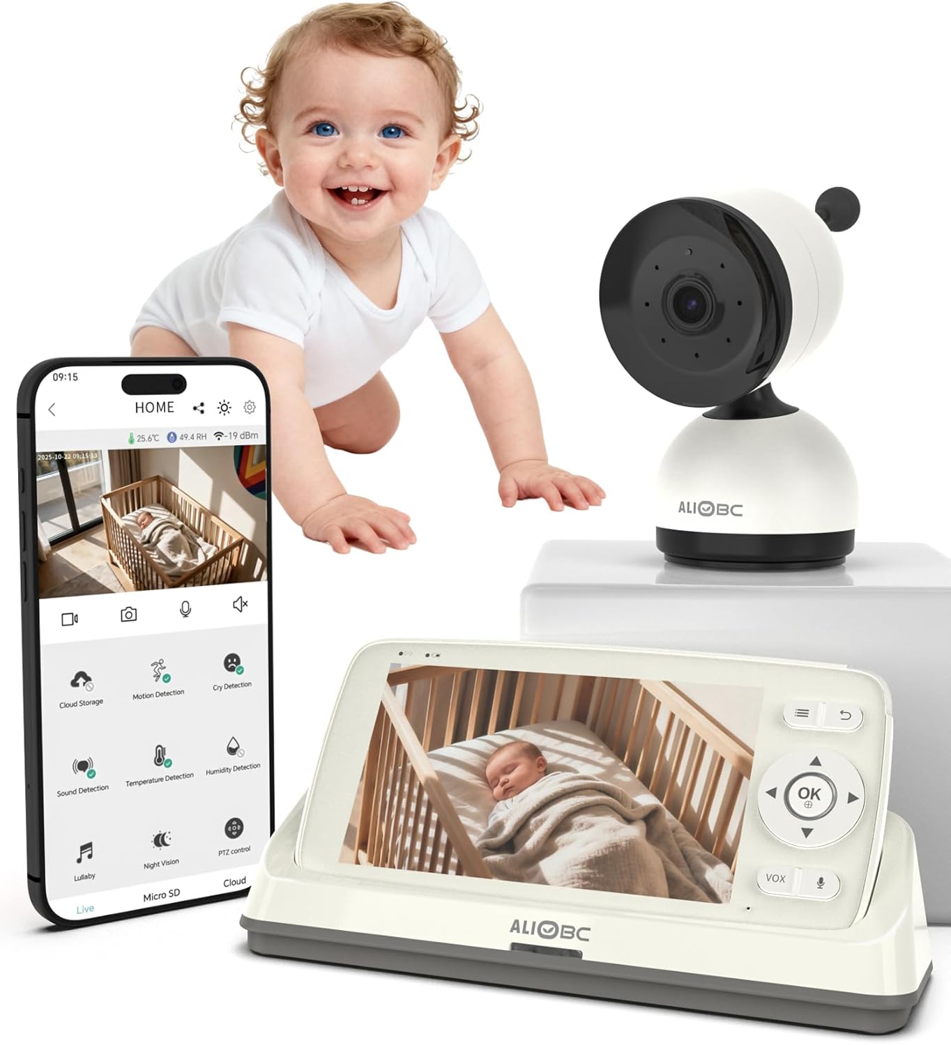 Smart Baby Monitor with Camera and Audio WiFi & No-WiFi Modes AI Cry Detection Night Vision 1080p FHD Camera and 5" Large Screen Two-Way Talk 1000ft Range Smart Alert Easy Setup for New Parents