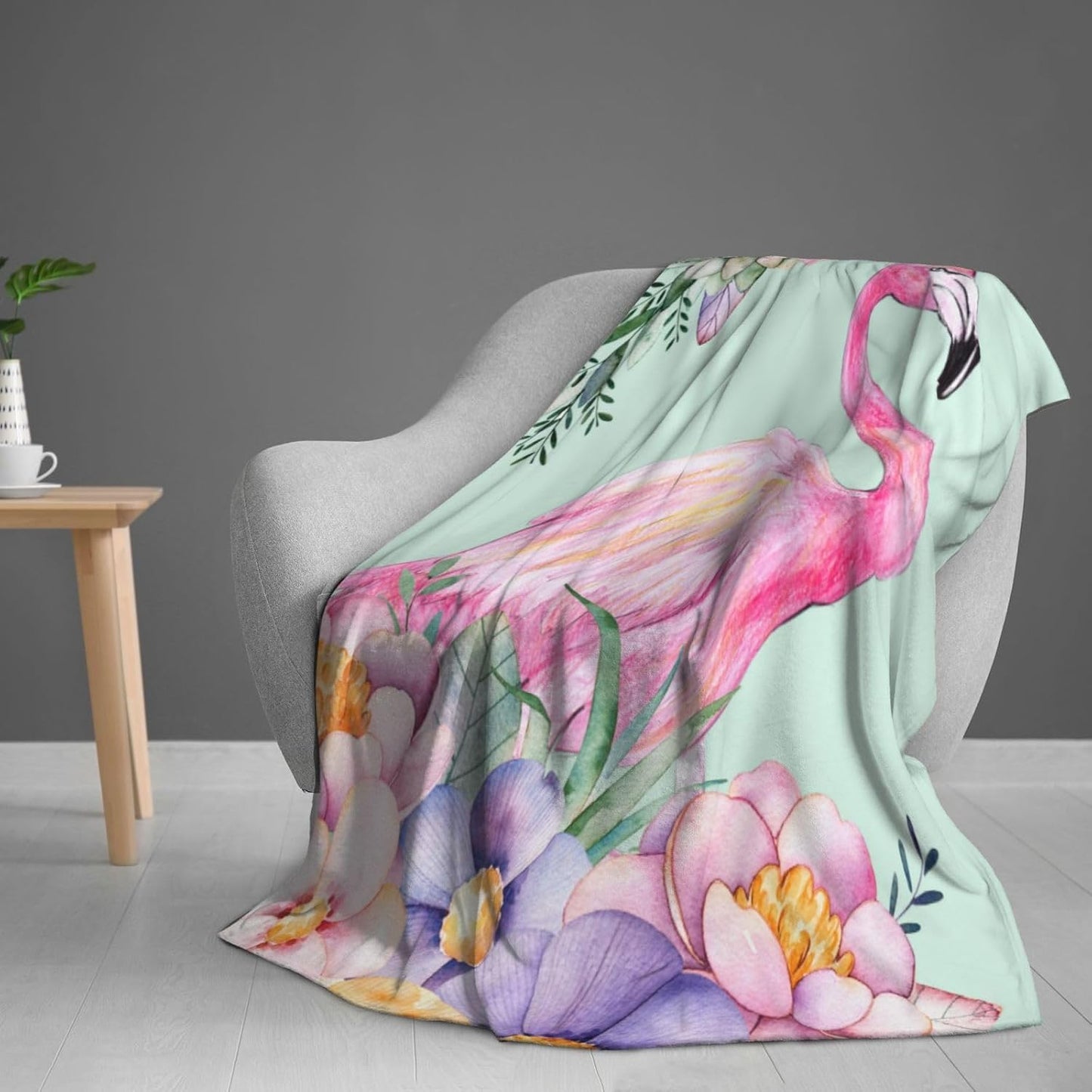 Pink Flamingo Watercolor Floral Bed Blanket Ultra Soft Throw Blanket All Season Warm Light Weight Cozy Plush Blankets for Home Bedroom Sofa Chair Travel, 50"X40"