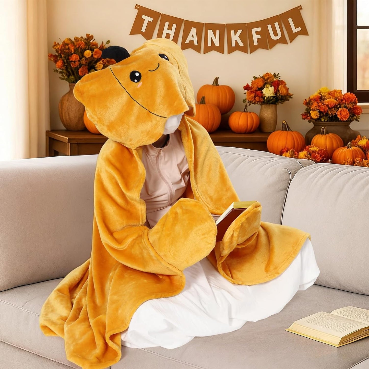 Peryiter Thanksgiving Wearable Blanket Pumpkin Hoodie Adults Friendsgiving Party Gift Oversize Flannel Wrap Throw for Women