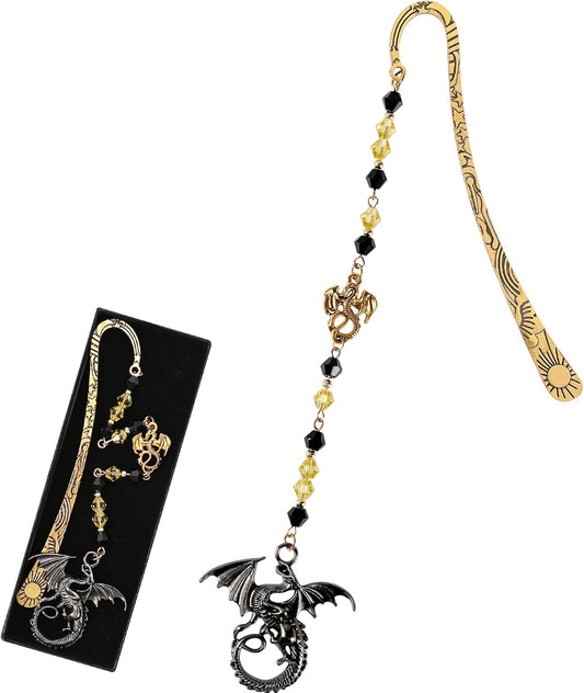 Fantasy Dragon Metal Bookmark - Vintage Fourth Wing Hook Book Marks Page Mark with Beaded Gold Black Dragons Charm for Men Students Teachers Reading Lovers Birthday Gifts School Accessories