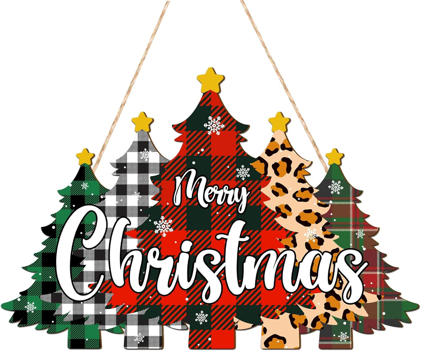 Wooden Christmas Tree Doors Wreath for Front Door Merry Christmas Wreath Hanging Sign For Front Doors Wall Signs Xmas Decoration Black Red Buffalo Plaid Hanging for Xmas Party Supply
