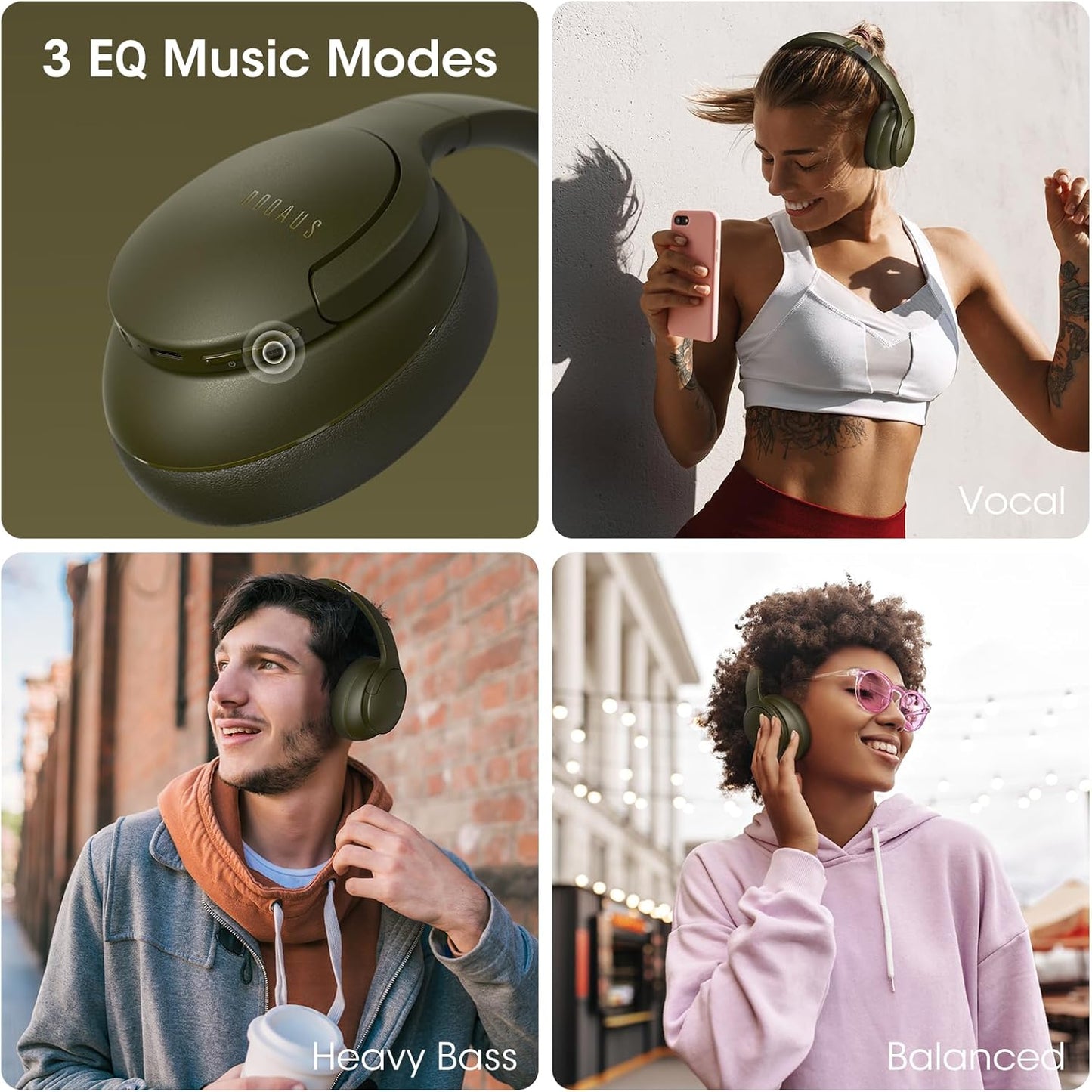 DOQAUS Over-Ear Bluetooth Headphones with 90-Hour Playtime, 3 Professional EQ Modes, HiFi Deep Bass & HD Mic for Extended Travel, Gym Workouts & Daily Use
