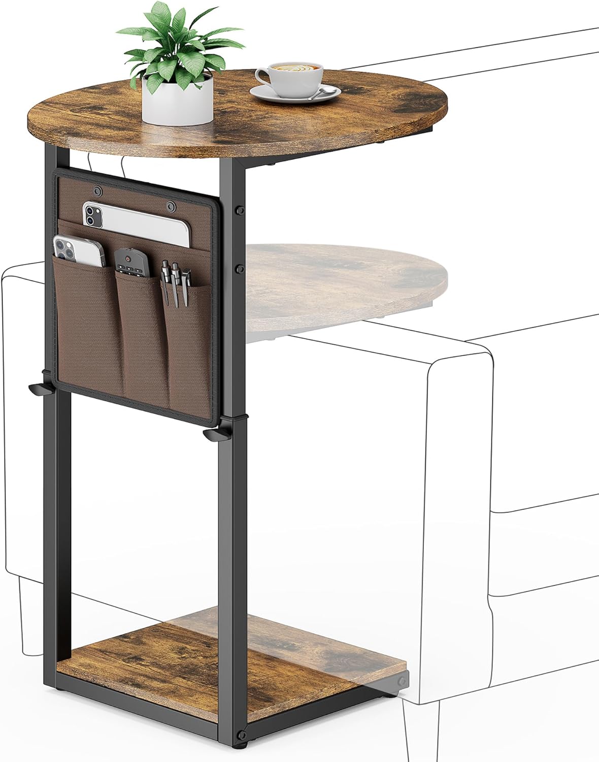 Vagusicc C Shaped End Table, Adjustable Height Small Side Table for Couch, 32" Tall Couch Side Table Slide Under Sofa Table TV Tray with Storage Bag for Living Room and Bedroom, Brown