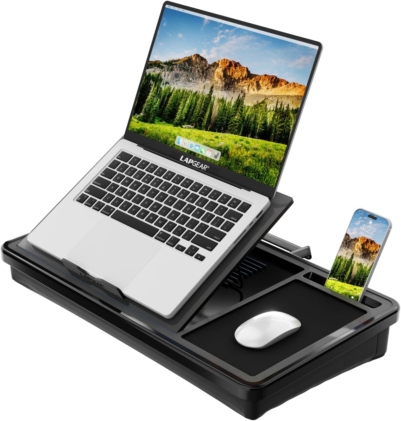 LAPGEAR Ergonomic Pro 2.0 Lap Desk with 9 Adjustable Heights, Built-in Mouse Pad & Phone Slot – Full Microbead Cushion, Storage Pocket – Fits Laptops up to 15.6" – Black – Style No. 49508