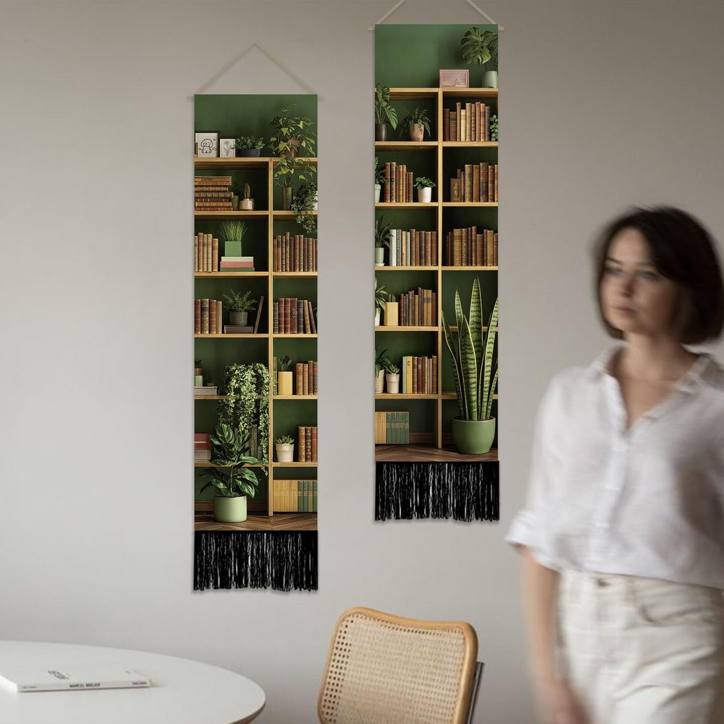 SUPERDANT 2 Pcs Bookshelf Tapestry Vertical Wall Hanging Long Polyester Fade-Resistant Colorful Bookshelf Print Tapestry Set for Bedroom Living Room Office Entryway Decor
