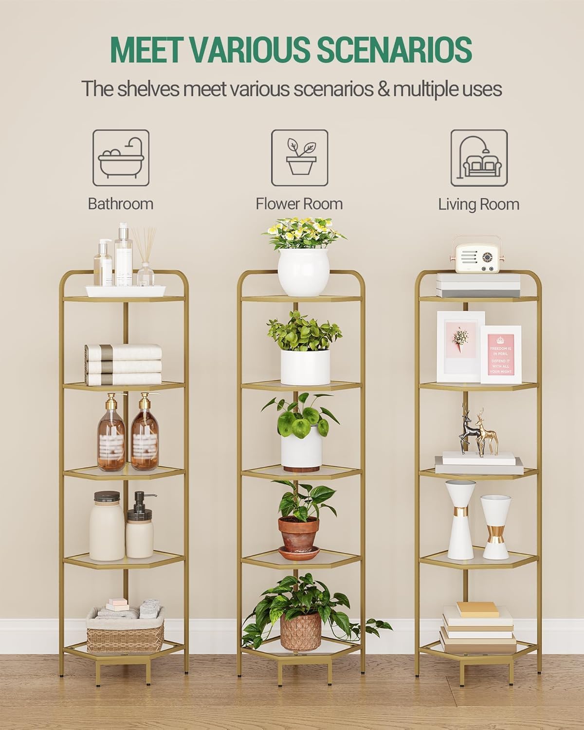 Corner Shelf Stand, 5-Tier Glass Bookshelf Bookcase, Bathroom Organizer, Plant Stand, Steel Frame, Tempered Glass, Modern Style for Living Room, Bathroom, Kitchen, Golden CS90200G