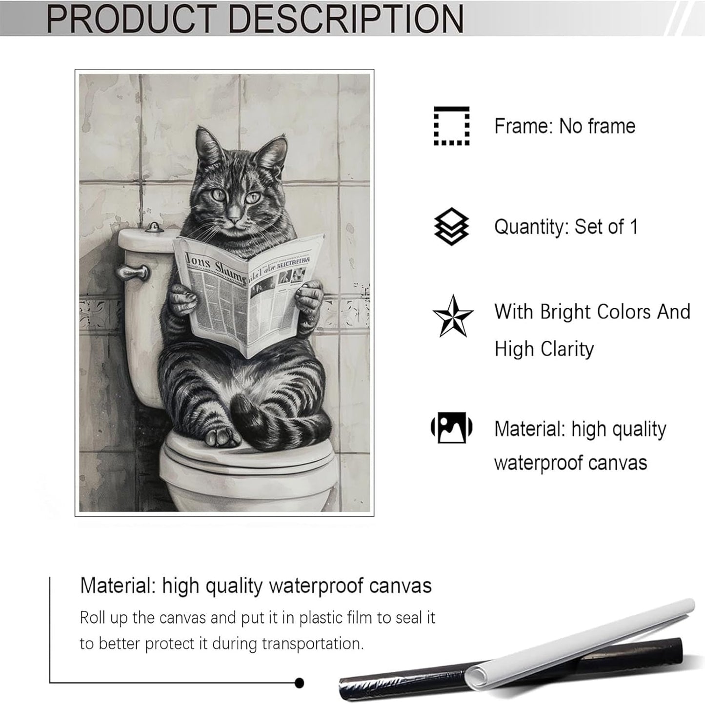 Black And White Bathroom Canvas Wall Art Funny Cat Reading Newspaper Poster Retro Abstract Cute Animal Picture Prints Painting For Home Bathroom Toilet Restroom Wall Decor 12x16in Unframed