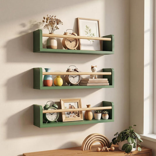 16 Inch Floating Book Shelves for Nursery Set of 3 Sage Green Wood Hanging Bookshelf Room Wall Shelf for Toys Decorative Displays Storage Nursery Decor