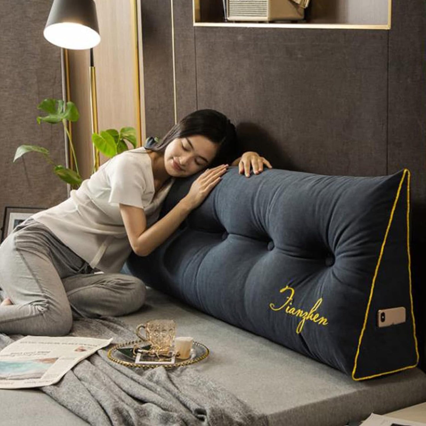 Triangular Headboard Backrest Reading Pillows Wedge Pillow Back Cushion Letter Embroidery Reading Support Pillows Daybed Removable Washable(Size:80×50×20cm,Color:F)
