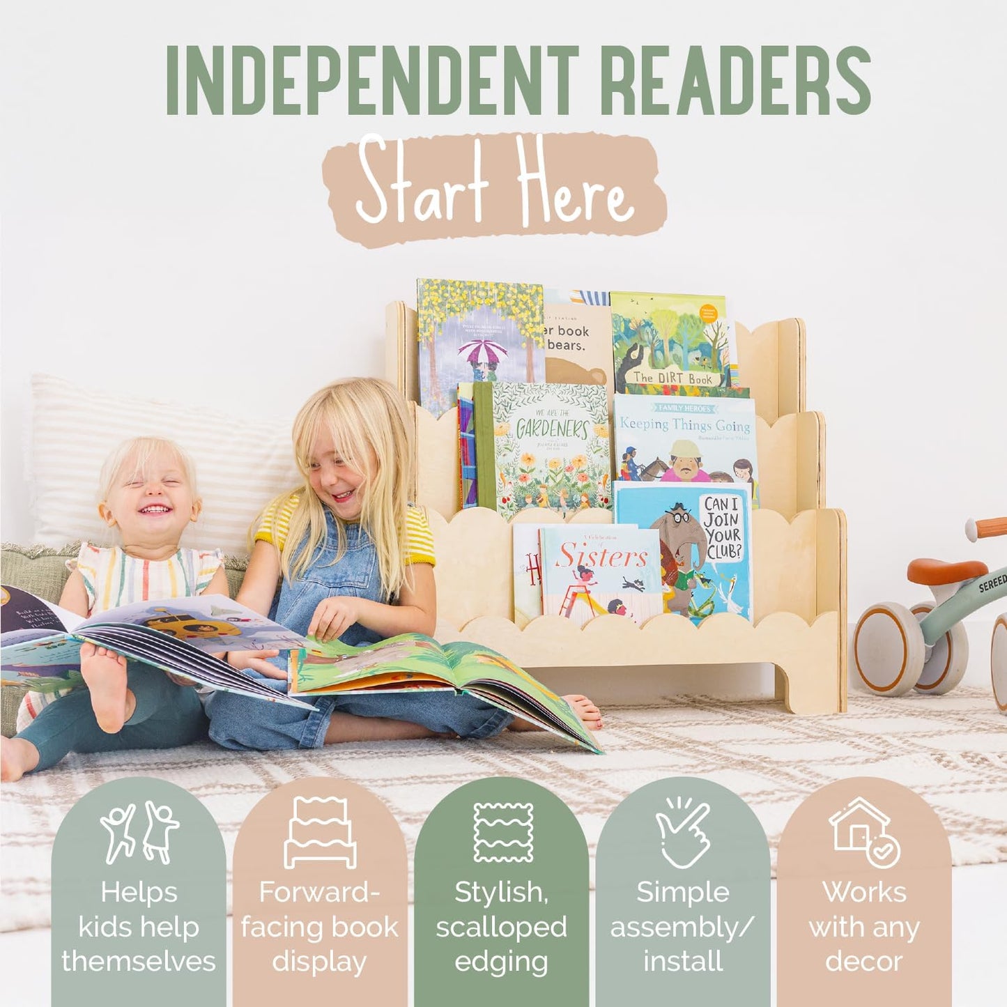 Wooden Kids Bookshelf w/Scalloped Edges- Made in USA- Perfect Height 3-Tier Montessori Shelf- Durable Childrens Bookcase for Kids Room or Playroom- Baby Book Shelf Nursery