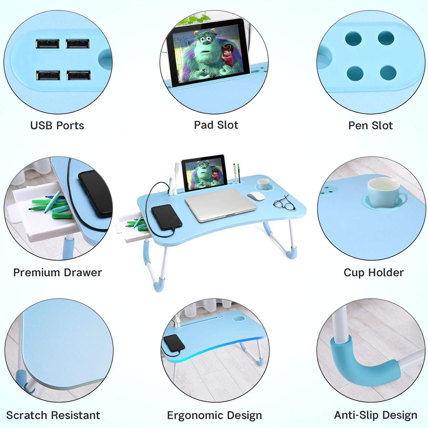 Slendor Lap Desk with Tablet Slot, Foldable Laptop Table with Storage Drawer for Bed，Portable Bed Desk for Laptop, Computer Tray with Cup Holder Notebook Stand Reading Holder for Couch Floor, Blue