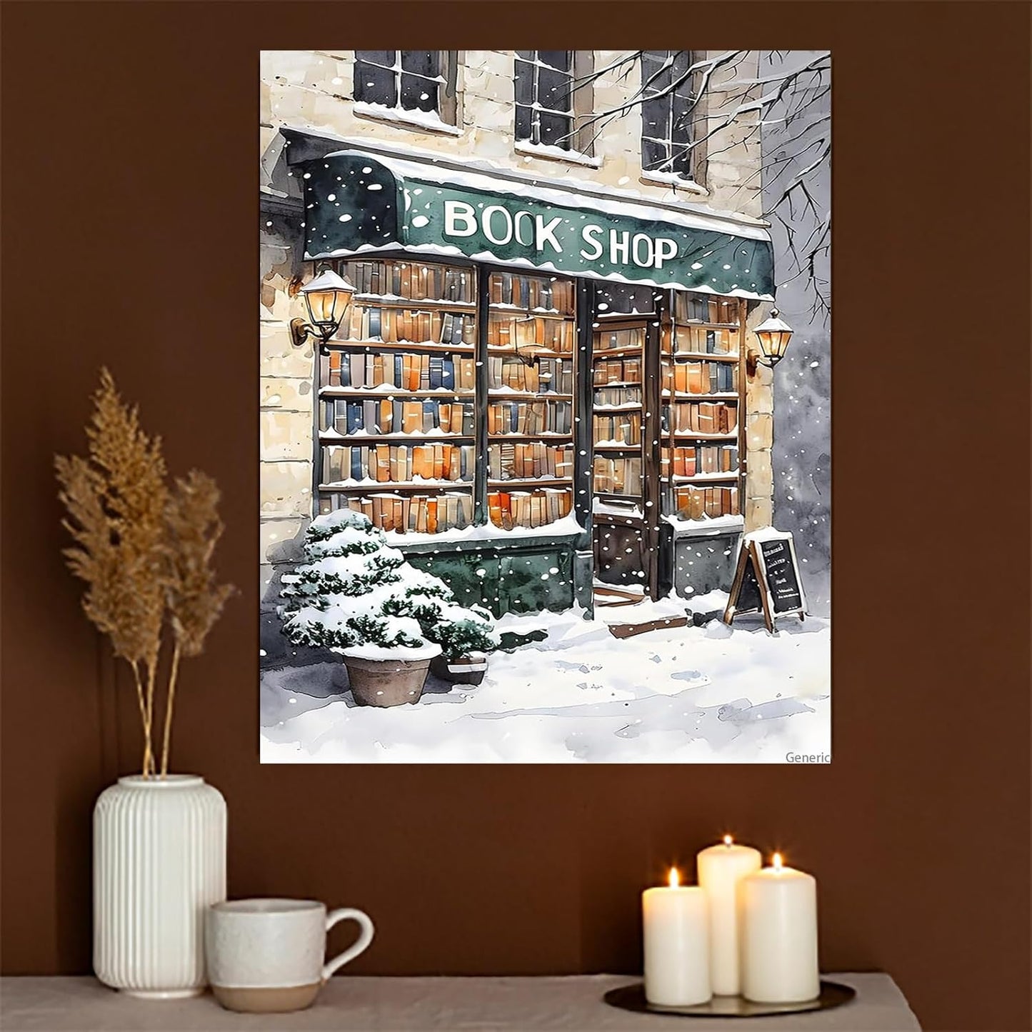 Bookstore Art Prints Winter Bookstore Aesthetic Library Wall Watercolor Poster Corner Painting Prints Corner Wall Decoration Snow Scene Library Canvas City Paintings 8x10inch Framed