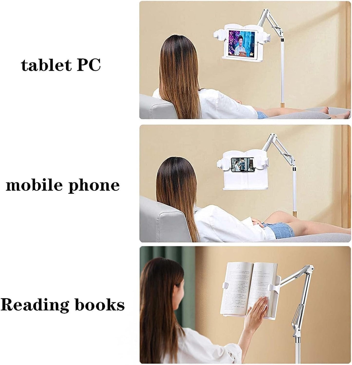 Book Holders for Reading Hands Free, Height Adjustable Cookbook Stand with Book Clip, Angle Adjustable Foldable Tablet Holder (Off White)