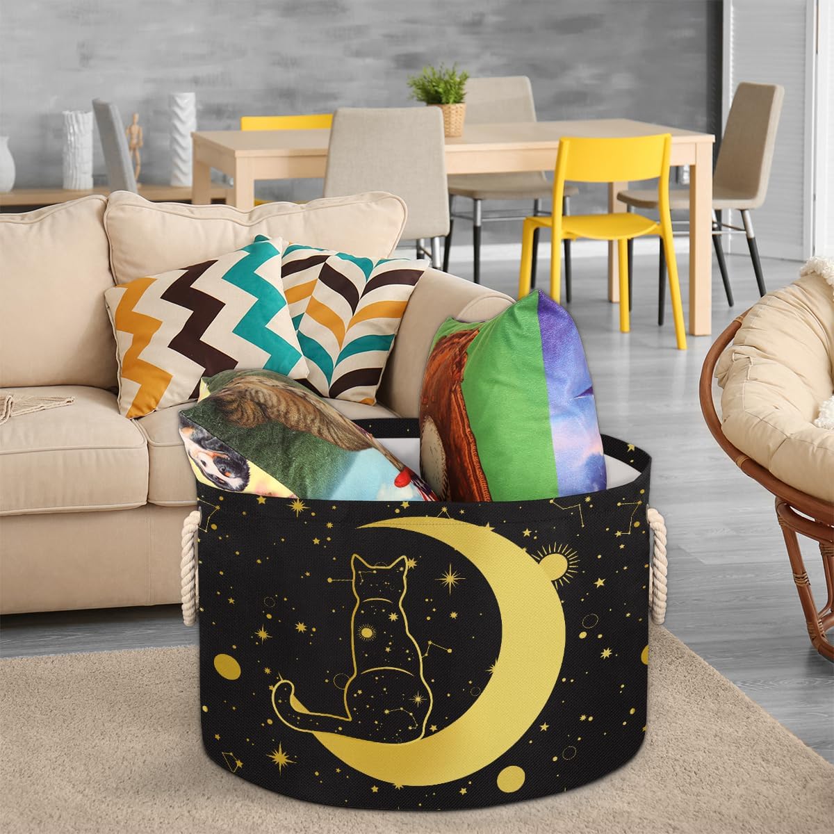 Storage Baskets - Moon Large Nursery Organizer Bin Box with Handles Collapsible Round Black Cat Laundry Hamper for Kids Boy Toys Pet Blanket, Bedroom Living Room Home Decor Gift Basket (19.4"x13.3")