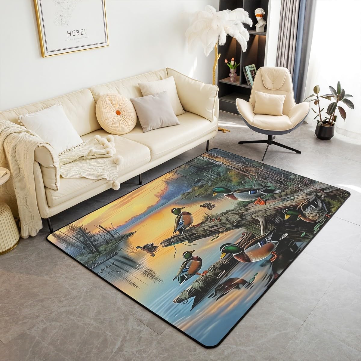 Erosebridal Sunset Mallard Duck Area Rug 4'11" x 3'3" Wildlife Moss Nature Living Room Rugs Dead Wood River Decorative Carpet Hunting Blue Yellow Indoor Floor Mat