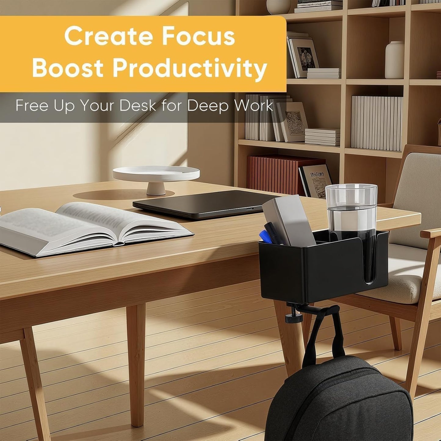 4-in-1 Clip On Desk Cup Holder, Fits up to 40oz cups - Mountable Holder with Adjustable Divider & 360° Rotating Hook - No Spill Clamp On Drink Holder Attachment - for Desk Chair Table Bed Tray - Black