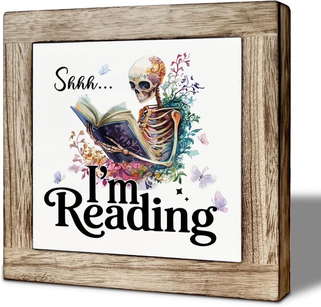 Library Quiet Wooden Sign, Shhh I'm Reading Sign, Nook Shelf Quiet Signs, Library Tabletop Decor, Classroom Book Desk Decoration, Rustic Wooden Tabletop Decor 5.9X5.9 Inches