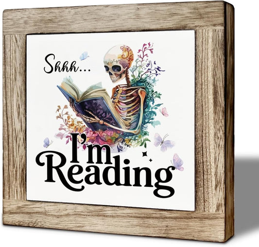 Library Quiet Wooden Sign, Shhh I'm Reading Sign, Nook Shelf Quiet Signs, Library Tabletop Decor, Classroom Book Desk Decoration, Rustic Wooden Tabletop Decor 5.9X5.9 Inches