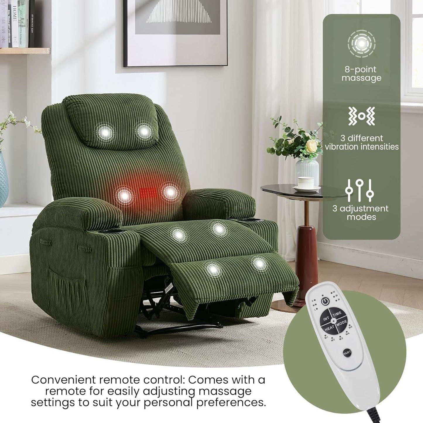 Green Corduroy Power Recliner Chair with Heat Massage 8-Point Vibration Dual Cup Holders Side Pocket Metal Frame Electric Chairs for Living Room Bedroom Home Theater