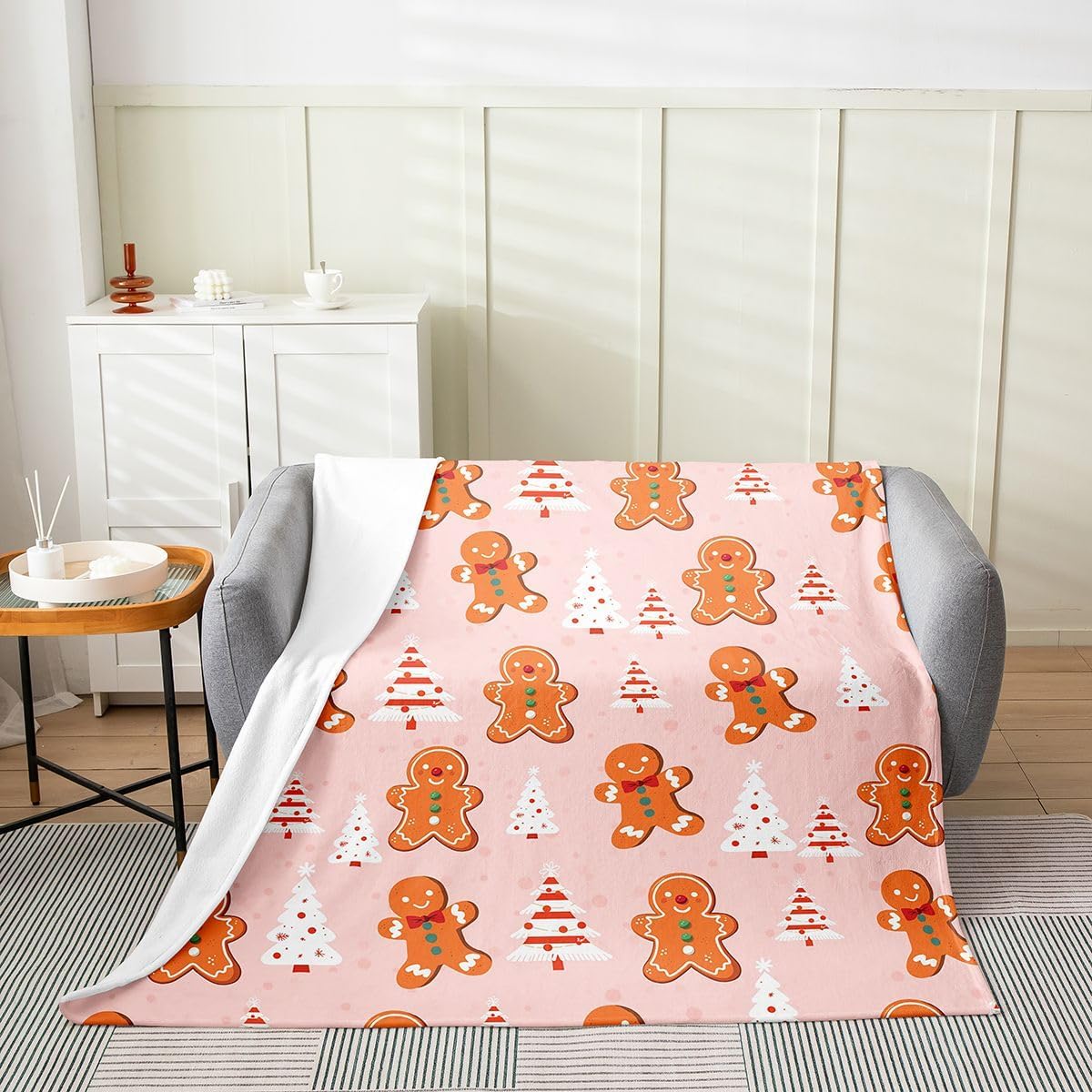 Feelyou Kids Merry Christmas Plush Throw Blanket, 40"x50" Gingerbread Man Snowman Blanket for Sofa Couch Teens Decor Pink Xmas Tree Flannel Fleece Blanket Christmas