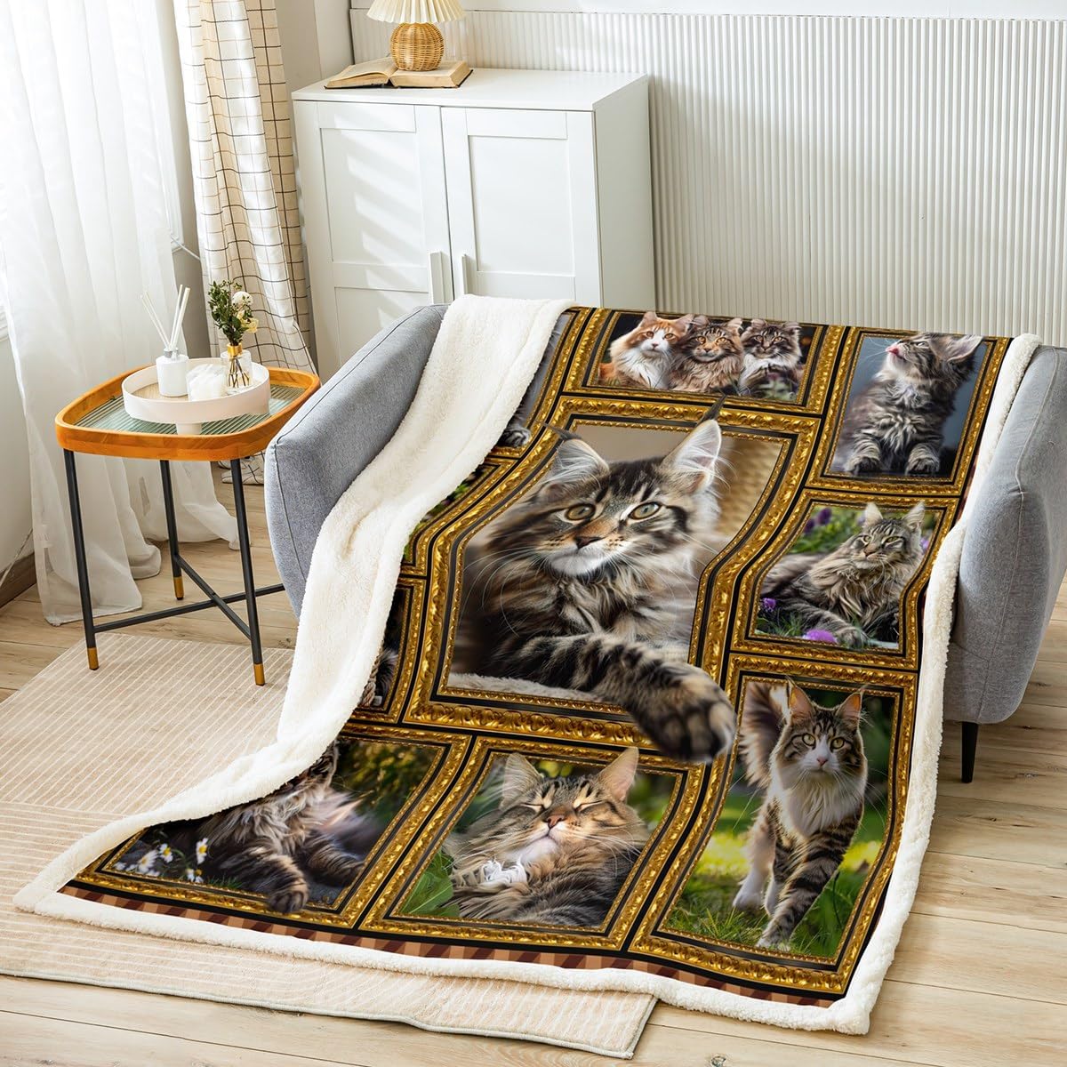 Feelyou Maine Coon Fleece Throw Blanket for Bed Sofa Couch Cute Cat Plush Blanket Queen 90"x90" Kawaii Kitten Pet Sherpa Blanket Gift for Maine Coon Lover Fuzzy Blanket Flannal Blanket
