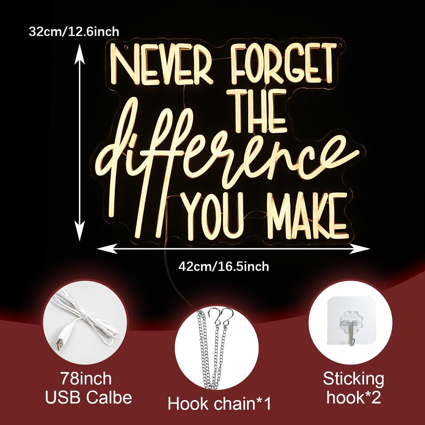 Never Forget The Difference You Make Neon Sign Cool Dimmable Led Letters Light Up Sign USB Powered Warm White Neon Light for Bedroom Study Room Bar Shop Man Cave(16.5 * 12.6In)