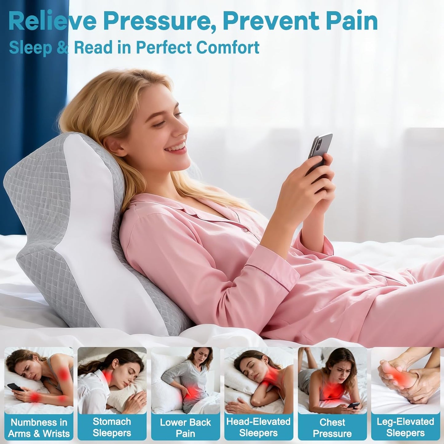 Reading Pillow for Bed, Ergonomic Memory Foam Wedge Pillow for Reading, Lounging & Prone Use, Neck/Back/Chin Support for Sofa, Floor or Bed, Removable Breathable Cover, Grey