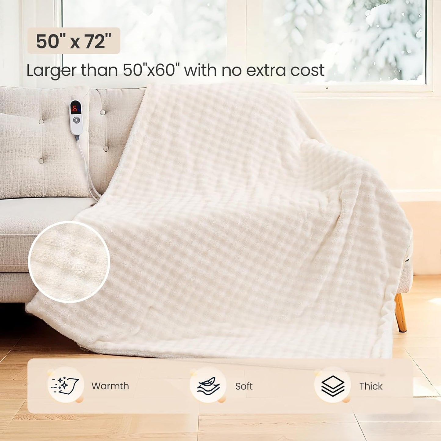 Heated Throw Blanket 50"x72", Electric Blanket with 3D Bubble-Shaped, Soft Flannel and Thickened Sherpa Fleece, 6 Heat Settings, 1-4H Timer, Couch Heated Blanket, Machine Washable, Gift, White